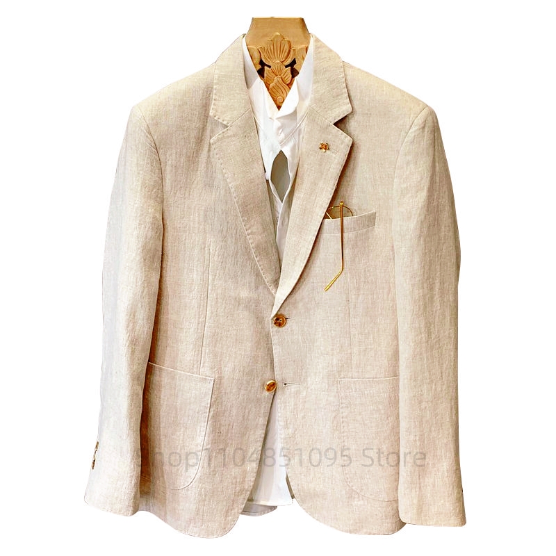 Men Formal Wear Top - Бежевые мужские льняные пиджаки и блейзеры: