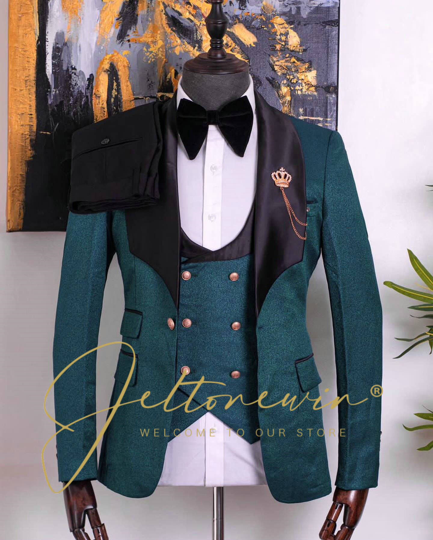 Men Formal Wear Green - Мужской зеленый костюм-смокинг из трех предметов